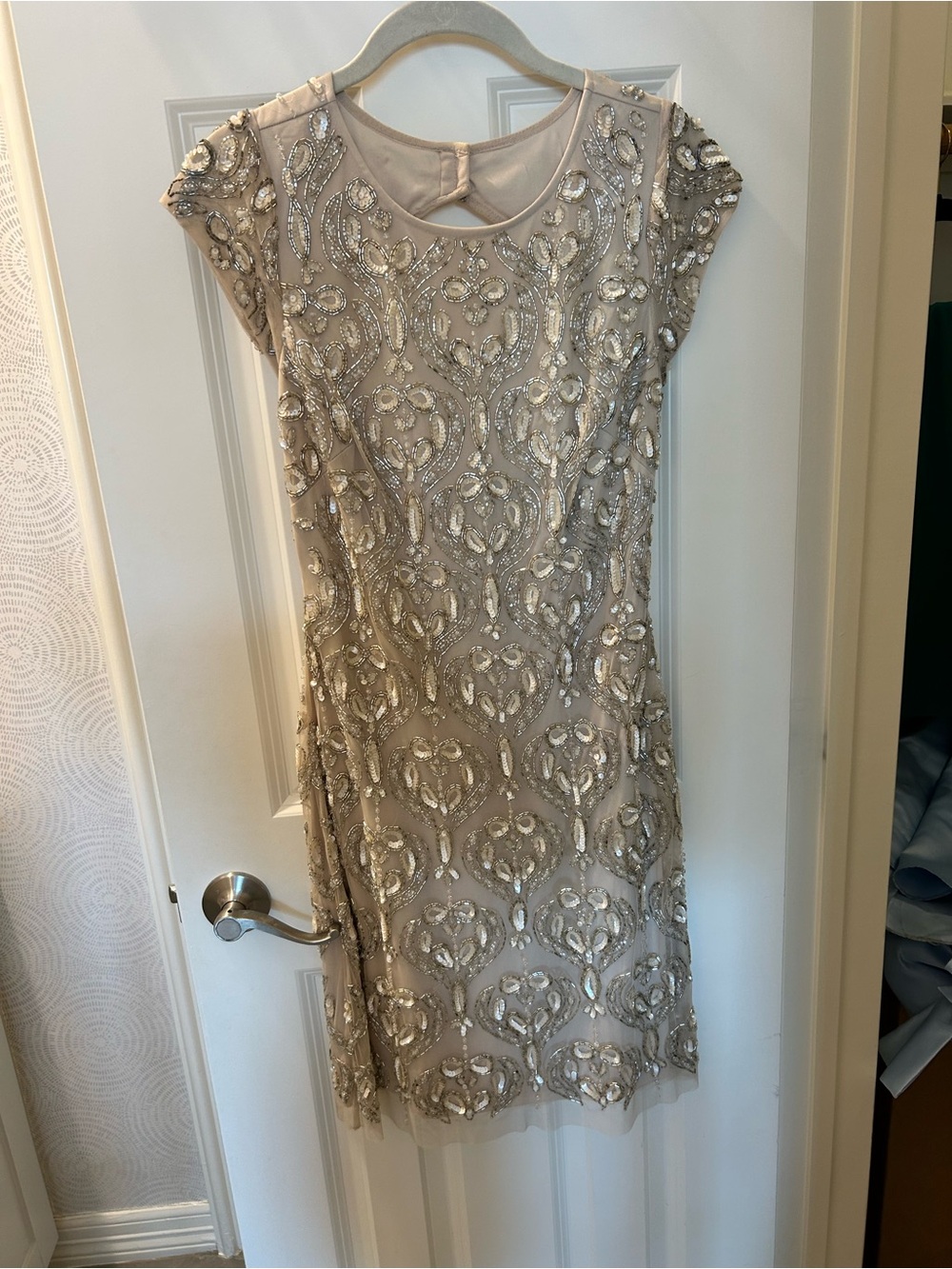 Aidan Mattox Beaded Cap-Sleeve Midi Dress - Champagne Beige